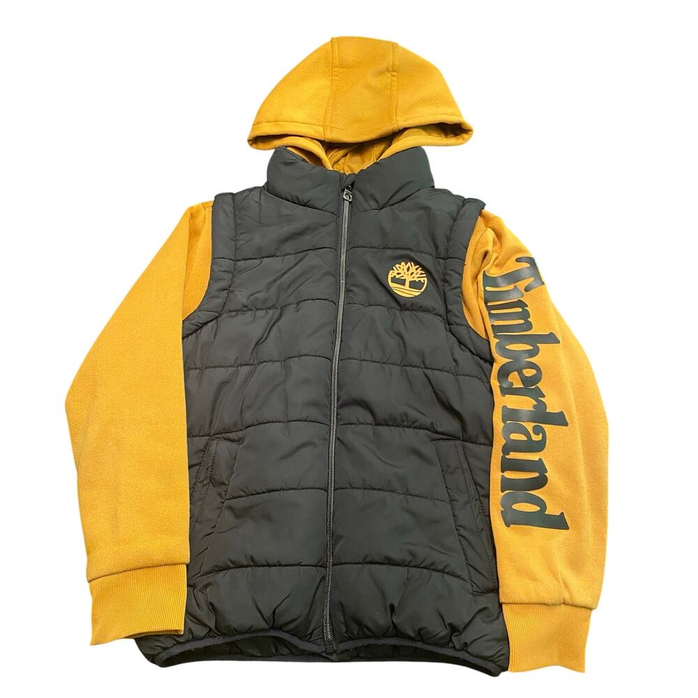 Timberland Boys Med 10/12 Hooded Puffer Vest Jacket Black Wheat Sleeve Hit Cozy